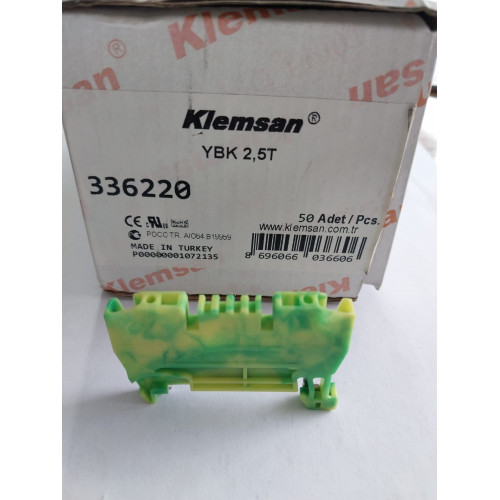 Klemsan 2,5mm2, Yay bağlantılı, iki iletkenli topraklama klemensi, Sarı - Yeşil.		